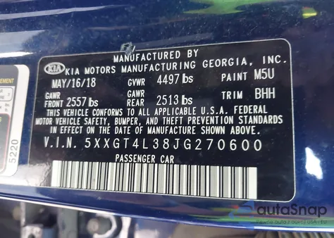 2018 Kia Optima Lx из США, поврежденный, VIN 5XXGT4L38JG270600